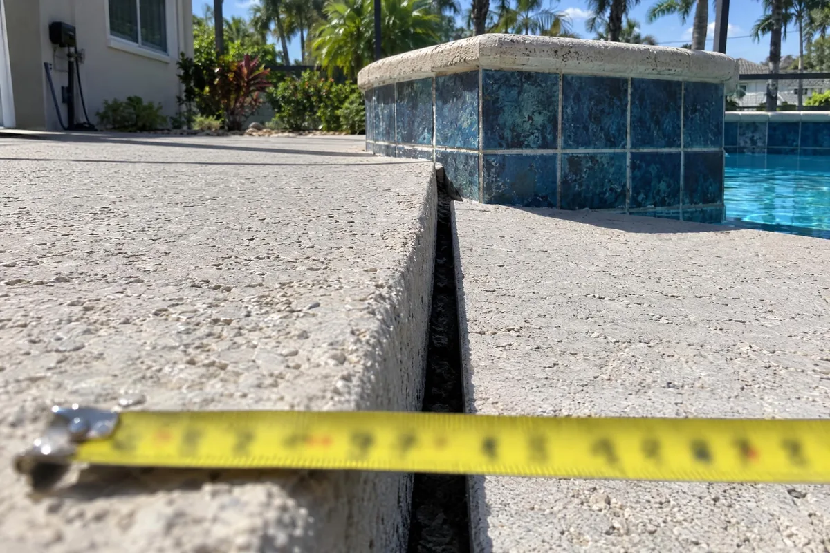 A pool deck slab dropped below the coping with a wide gap and a tape measure