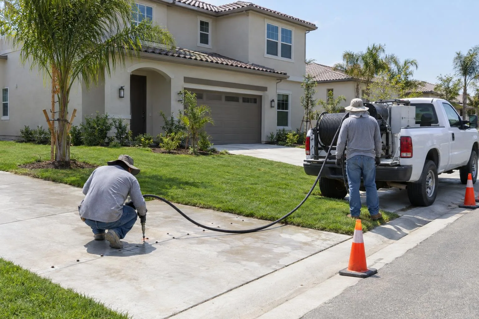 Two workers lifting a sunken concrete driveway slab beside a work truck at a Florida stucco home