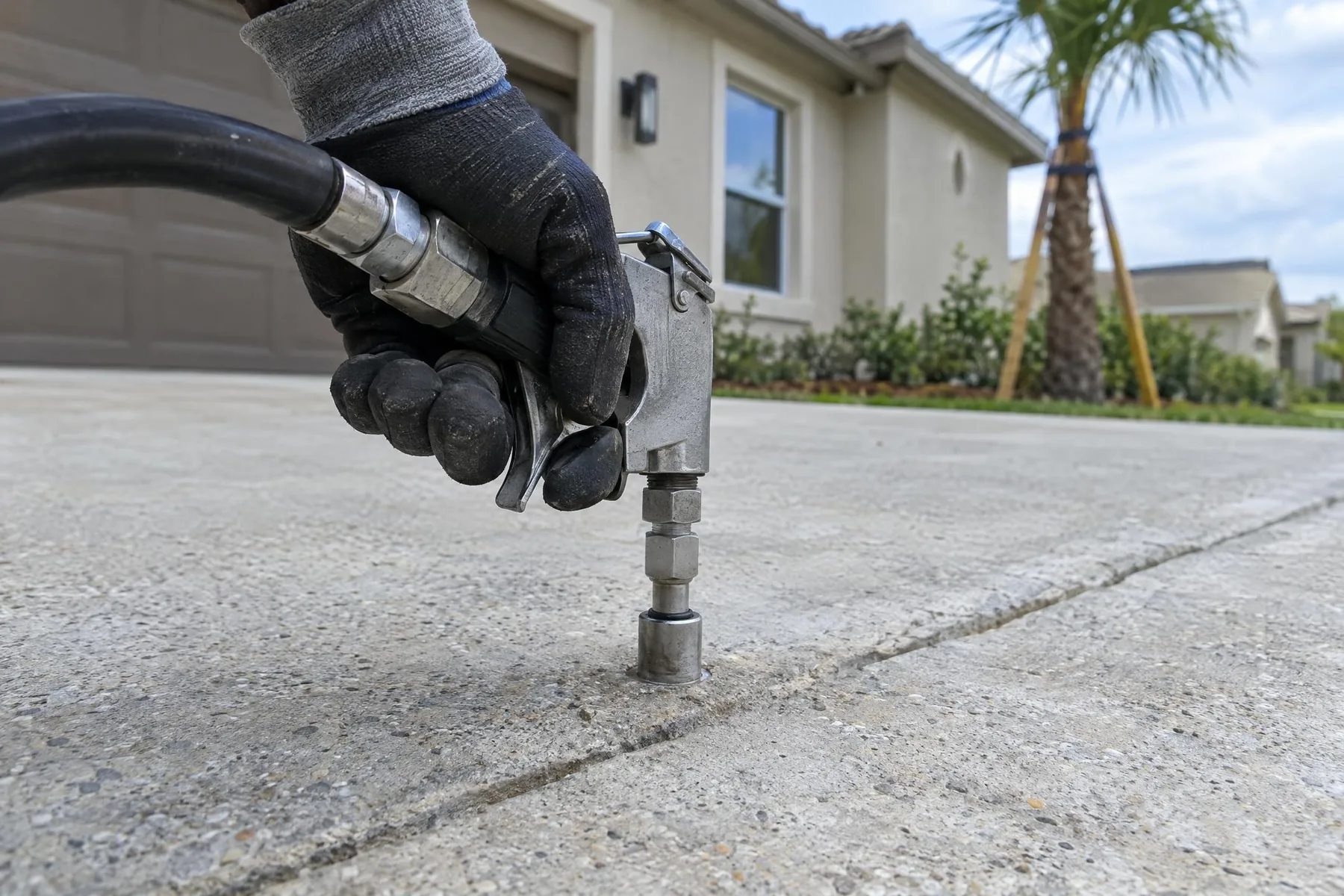 A gloved hand holding an injection gun on a port in a driveway slab, with a stucco house and a young staked palm behind