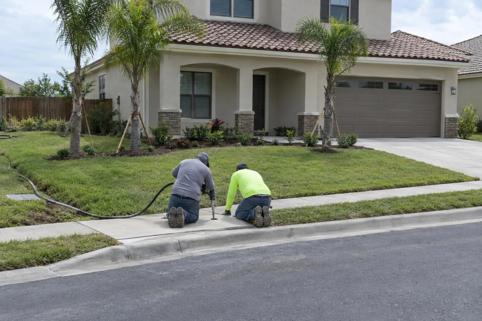Workers at a raised sidewalk panel with an injection hose and a small drilled hole