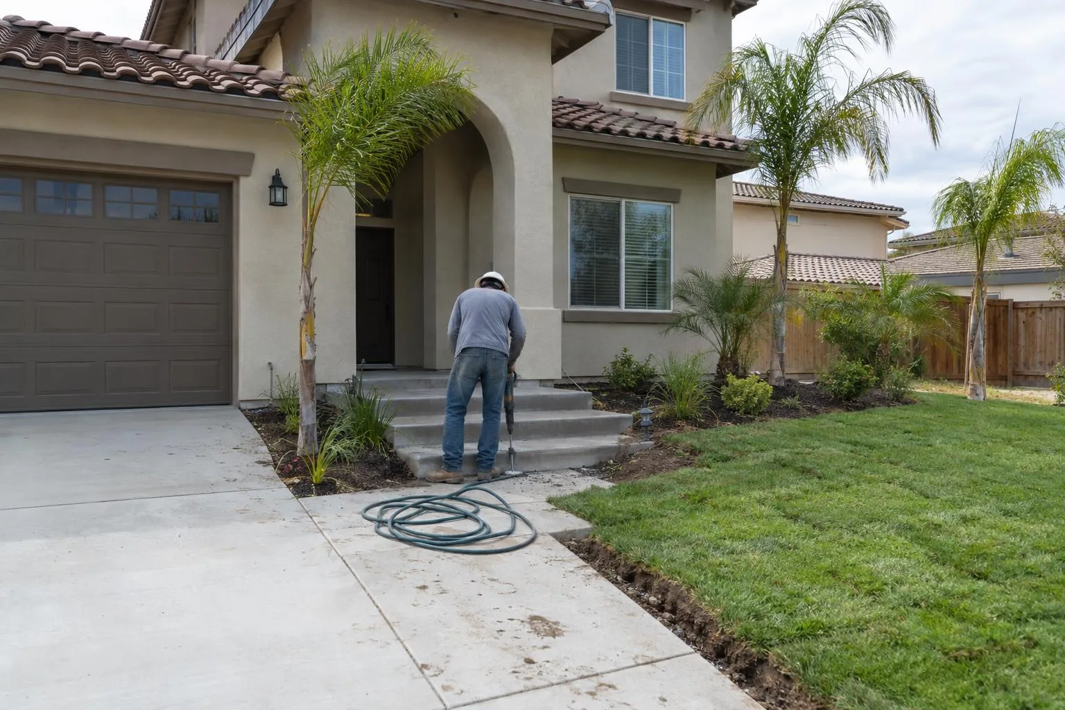 A worker drilling a small hole in a sunken concrete front step